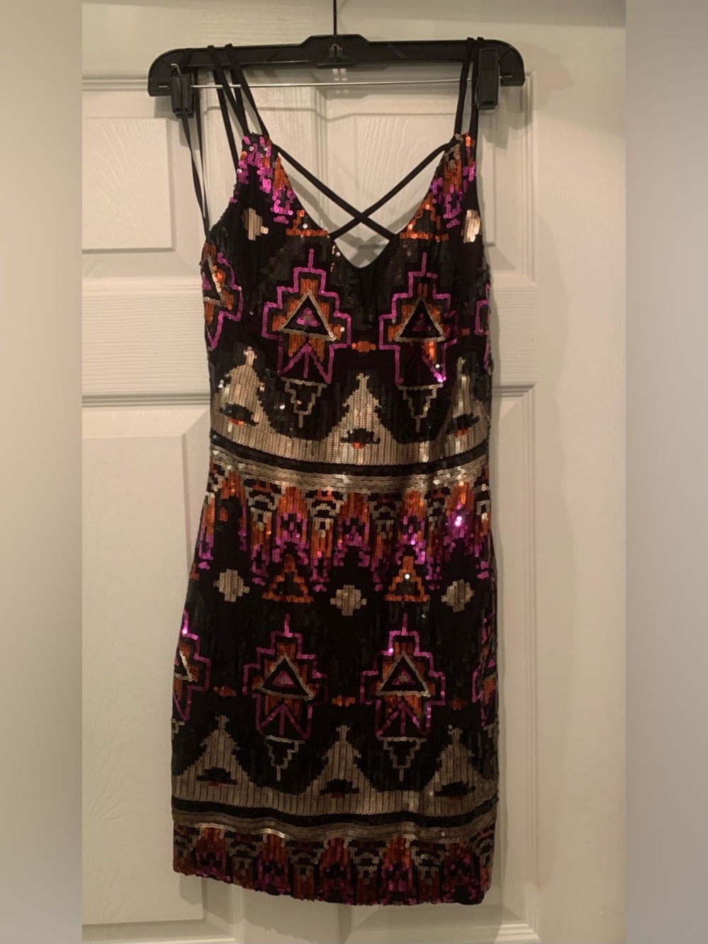 Sequin Slip Dress in Black with Pink & Gold Accents